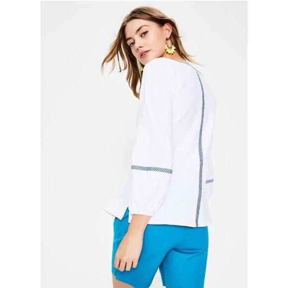 Boden Alison Tunic Top Sz L Pullover Tassels Embroidered Boho Coastal Blue White - Picture 2 of 11